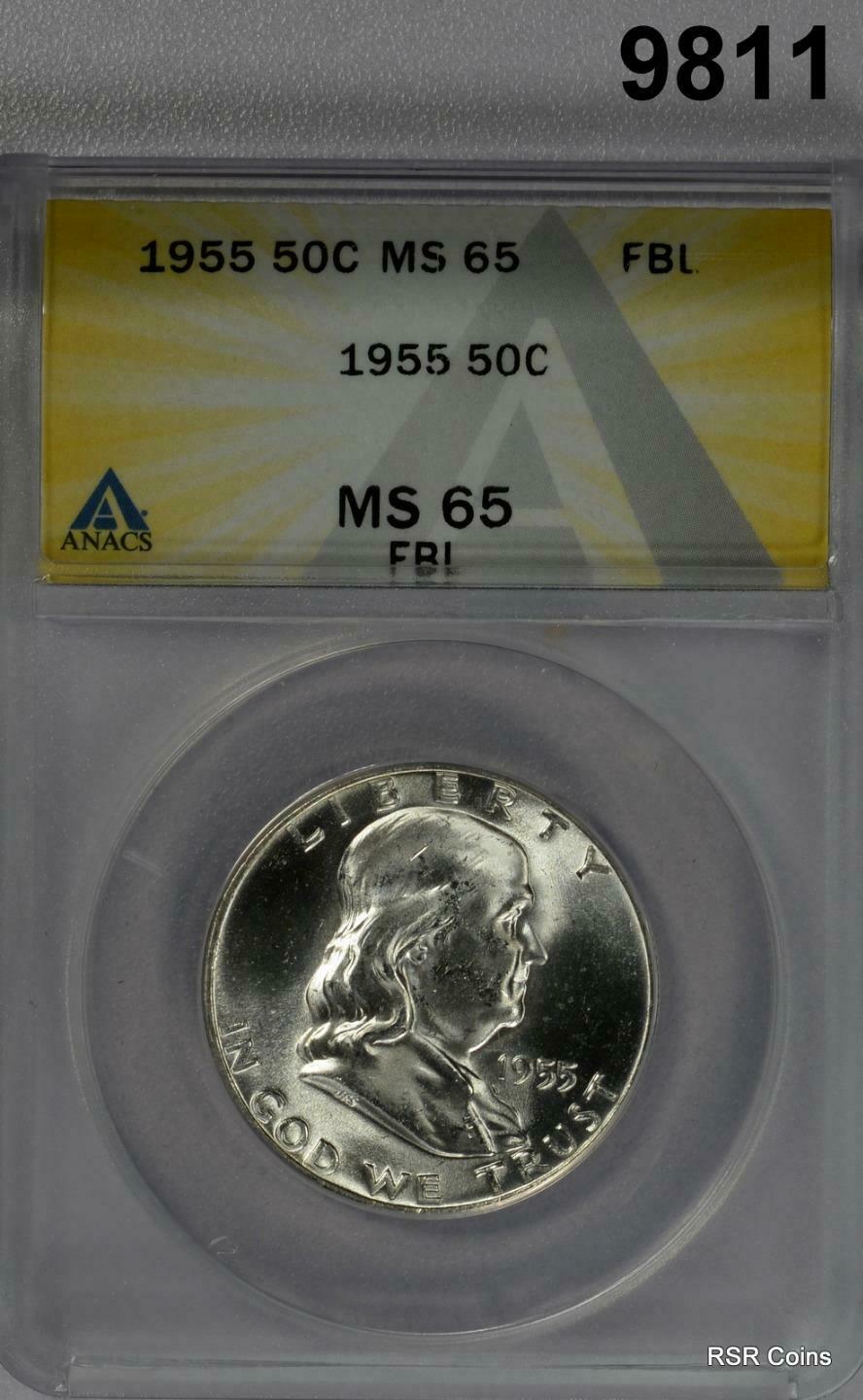 1955 FRANKLIN 90% SILVER HALF DOLLAR ANACS CERTIFIED MS65 FBL FLASHY! #9811