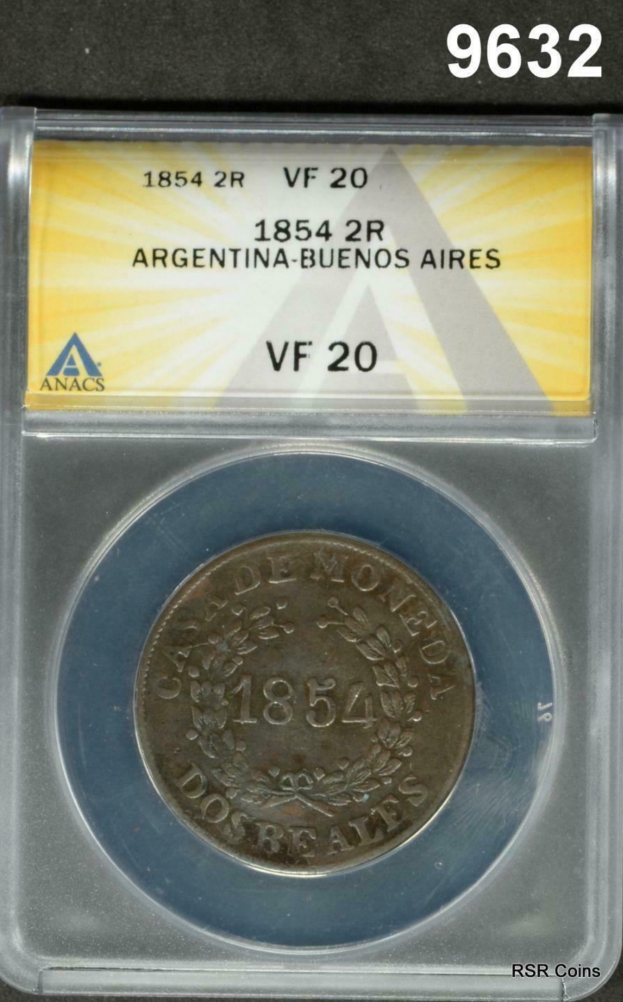 1854 2 REALES ARGENTINA BUENOS AIRES ANACS CERTIFIED VF20 #9632