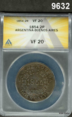 1854 2 REALES ARGENTINA BUENOS AIRES ANACS CERTIFIED VF20 #9632