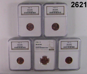 5 COIN LOT DIFFERENT NGC CERTIFIED MS 66 RD LINCOLN WHEATS CHECK DATES #2621