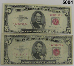 1953 B RED SEAL UNITED STATES $5 NOTE ONE VF, ONE CRISP AU+ CONDITION #5004