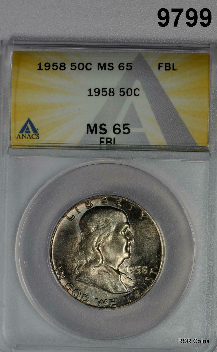 1958 FRANKLIN HALF DOLLAR ANACS CERTIFIED MS65 FBL MINT SET COLORS! #9799