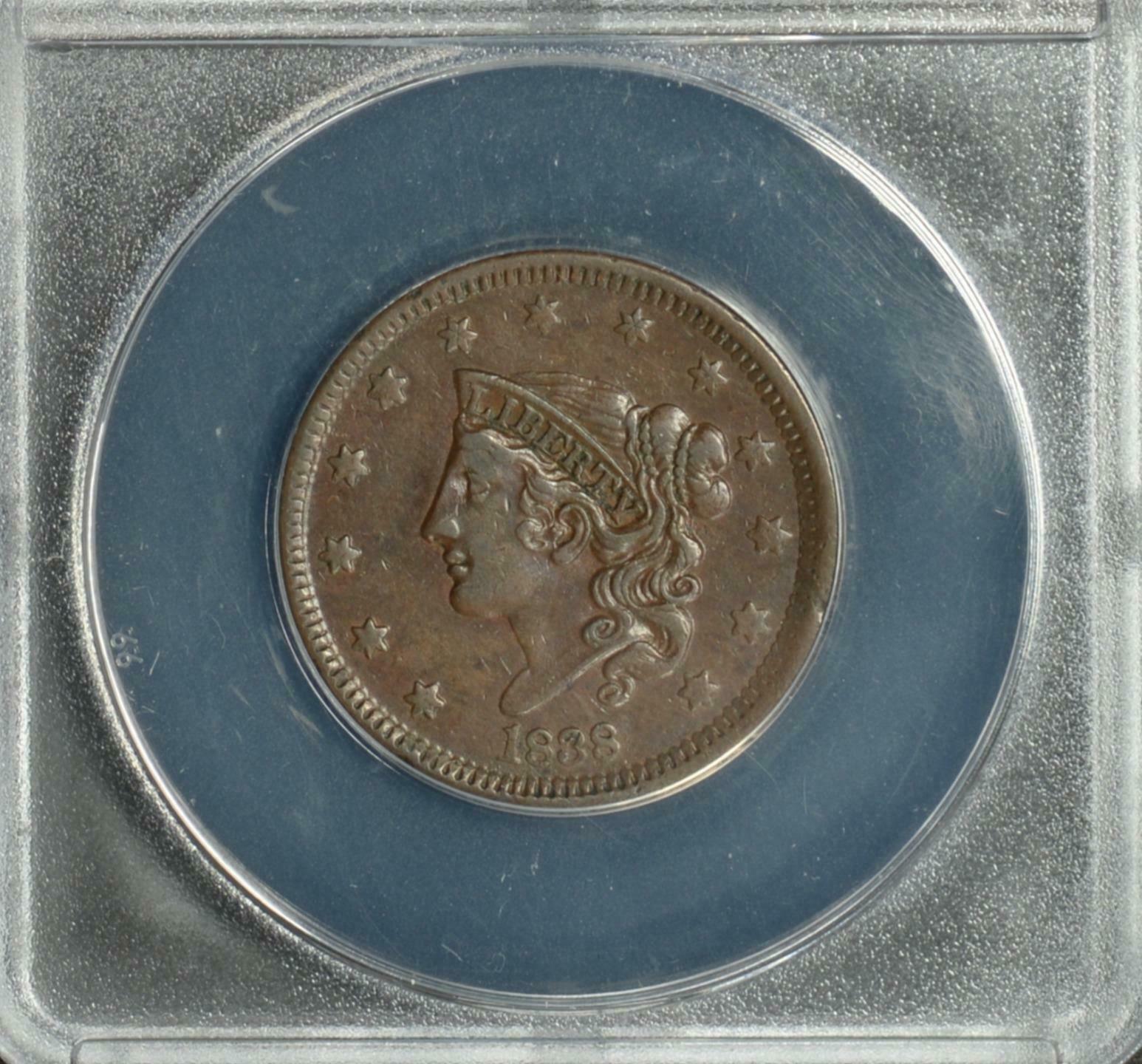 1838 LARGE CENT ANACS CERTIFIED EF40 CORRODED NICE LOOK! #7305