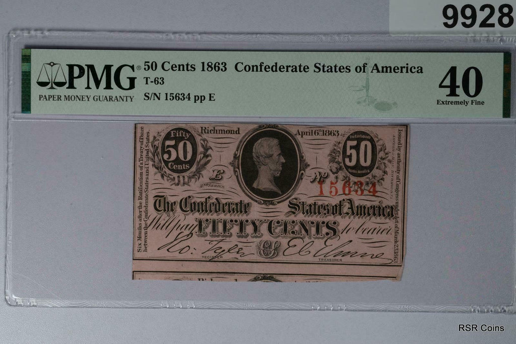 1863 CSA NOTE T-63 50 CENT PMG CERTIFIED EF40 POP: 6 #9928