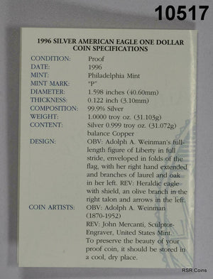 1996 PROOF SILVER EAGLE GEM! WITH COA & BOX! #10517