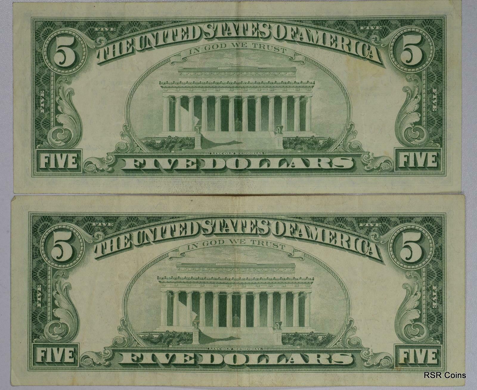 LOT OF 2- 1963 $5 US NOTE RED SEAL VF+!! #10648