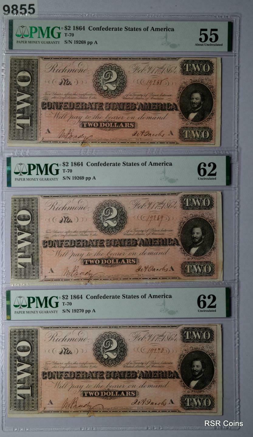 1864 CONFEDERATE STATES OF AMERICA $2 PMG CERTIFIED 8 CONSECUTIVE NOTES! #9855