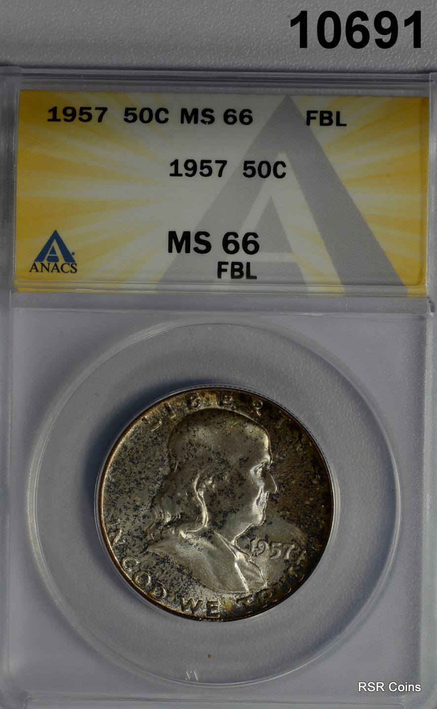 1957 FRANKLIN HALF DOLLAR ANACS CERTIFIED MS66 FBL RAINBOW! NICE!! #10691