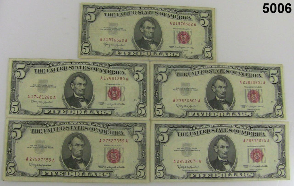 1963 RED SEAL UNITED STATES LOT OF 5 $5 NOTES CRISP VF TO AU CONDITION #5006