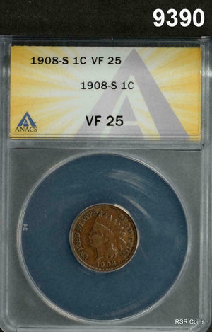 1908 S INDIAN HEAD CENT ANACS CERTIFIED VF25! #9390