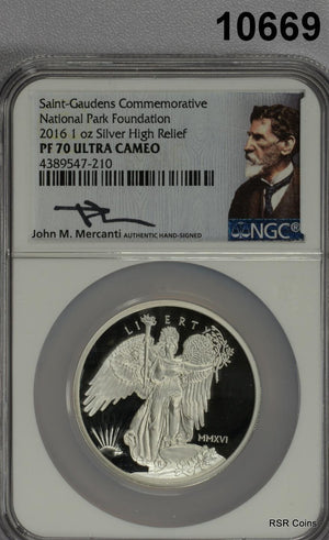 2016 ST. GAUDENS COMMEMORATIVE 1OZ SILVER NGC CERTIFIED PF70 ULTRA CAMEO #10669