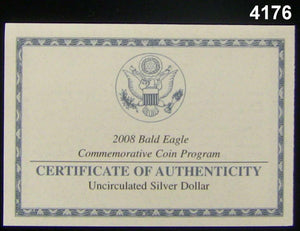 2008 BALD EAGLE 90% SILVER U.S. COMMEMORATIVE B.U. $1 BOX & COA GEM! #4176