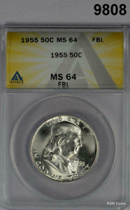 1955 FRANKLIN 90% SILVER HALF DOLLAR ANACS CERTIFIED MS64 FBL FLASHY! #9808