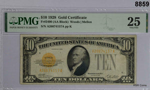 1928 $10 GOLD CERTIFICATE FR#2400 WOODS- MELLON PMG CERTIFIED VF25 #8859