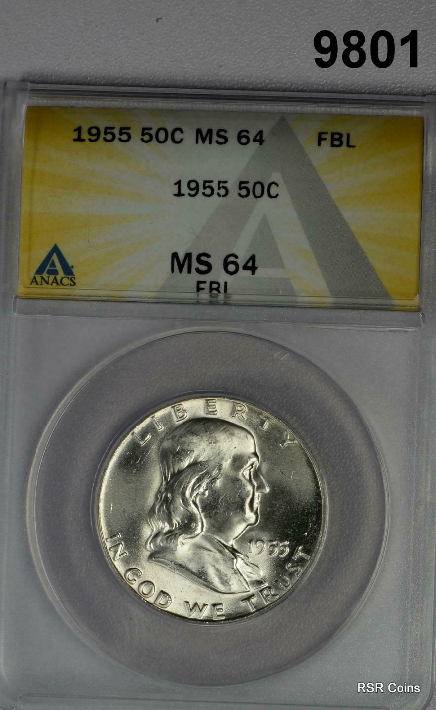 1955 FRANKLIN 90% SILVER HALF DOLLAR ANACS CERTIFIED MS64 FBL FLASHY! #9801