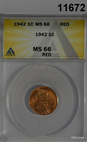 1942 LINCOLN WHEAT CENT ANACS CERTIFIED MS66 RED FLASHY! #11672