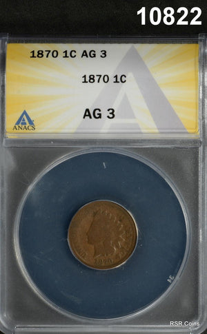 1870 INDIAN HEAD CENT ANACS CERTIFIED AG3 SCARCE DATE! #10822