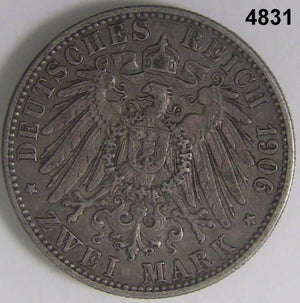 WUERTTEMBERG (GERMAN STATE) 2 MARK 1906F SILVER WILHELM II VF #4831