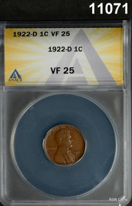1922 D LINCOLN CENT ANACS CERTIFIED VF25 #11071