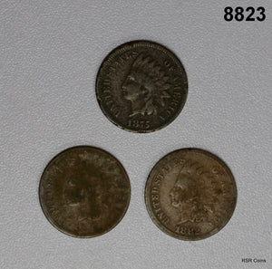3 LITTLE INDIAN CENT LOT VARIES CORROSION: 1875 VG, 82 G, 1874 VG #8823