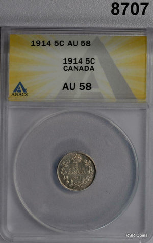 1914 CANADA SILVER 5 CENTS ANACS CERTIFIED AU58 LOOK BU! #8707