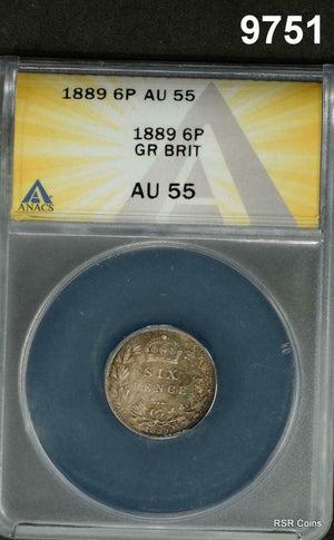 1889 GREAT BRITAIN SIXPENCE ANACS CERTIFIED AU55 COLORS! #9751