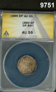 1889 GREAT BRITAIN SIXPENCE ANACS CERTIFIED AU55 COLORS! #9751