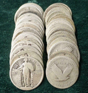 Roll of 40 Standing Liberty 90% Silver Quarters, 40 Coins, $10 Face, No Dates