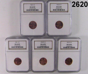 5 COIN LOT DIFFERENT NGC CERTIFIED MS 66 RD LINCOLN WHEATS CHECK DATES #2620