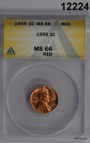 1955 LINCOLN CENT ANACS CERTIFIED MS66 RED #12224