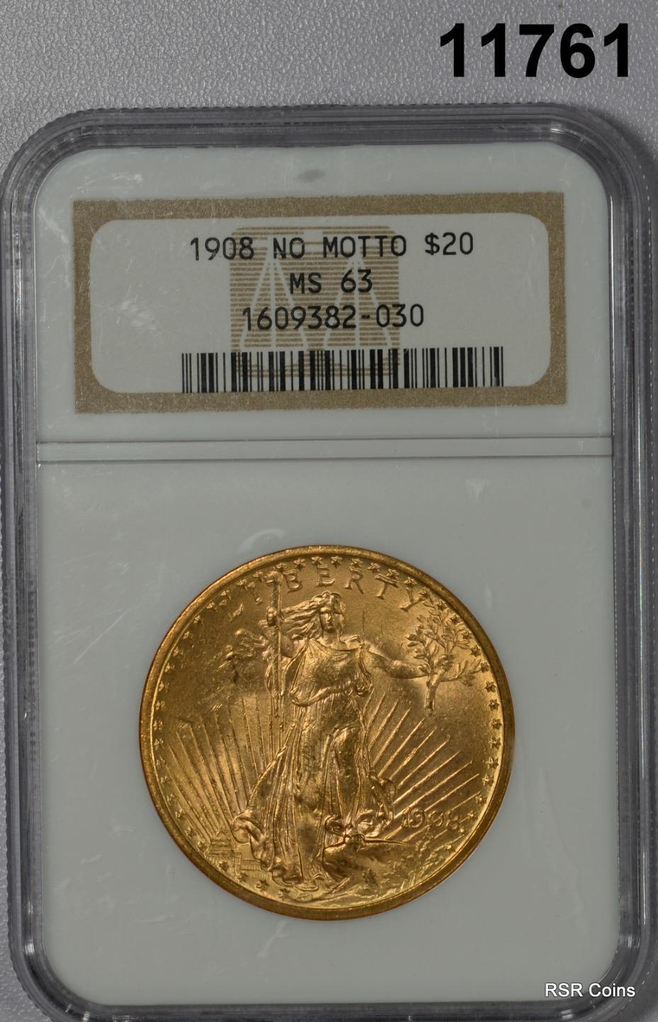 1908 NO MOTTO $20 ST GAUDENS GOLD DOUBLE EAGLE NGC CERTIFIED MS63! #11761