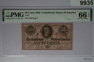 1863 CSA NOTE T-63 50 CENT PMG CERTIFIED 66 EPQ POP: 5 NONE HIGHER! #9935