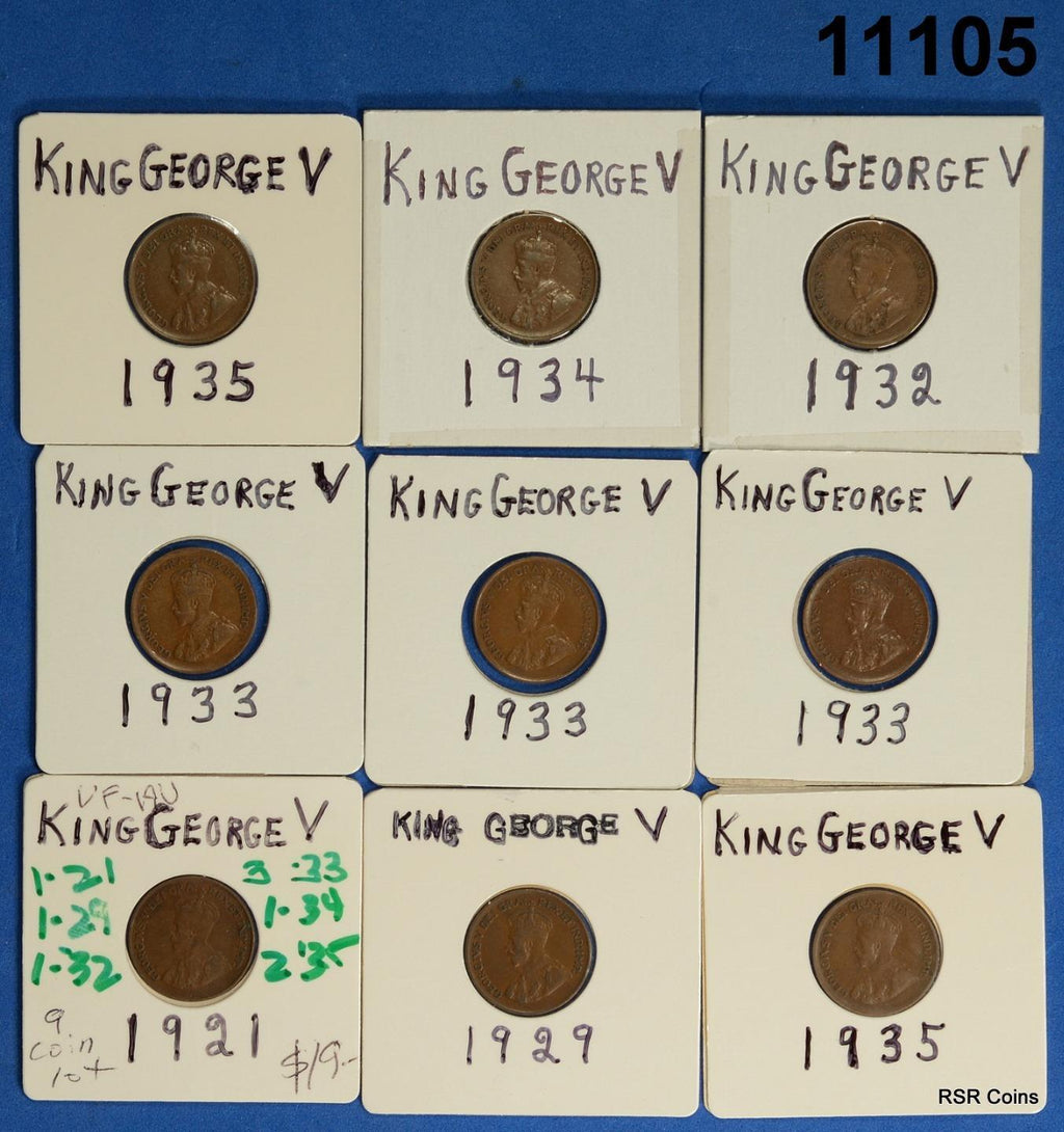 CANADA KING GEORGE V 9 COIN LOT CENTS 1920,21,28,29,32,33,34,35 VF-AU! #11105