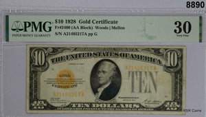 1928 $10 GOLD CERTIFICATE FR#2400 WOODS- MELLON PMG CERTIFIED VF30 #8890