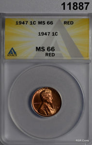 1947 LINCOLN CENT ANACS CERTIFIED MS66 RD FIRE RED#11887