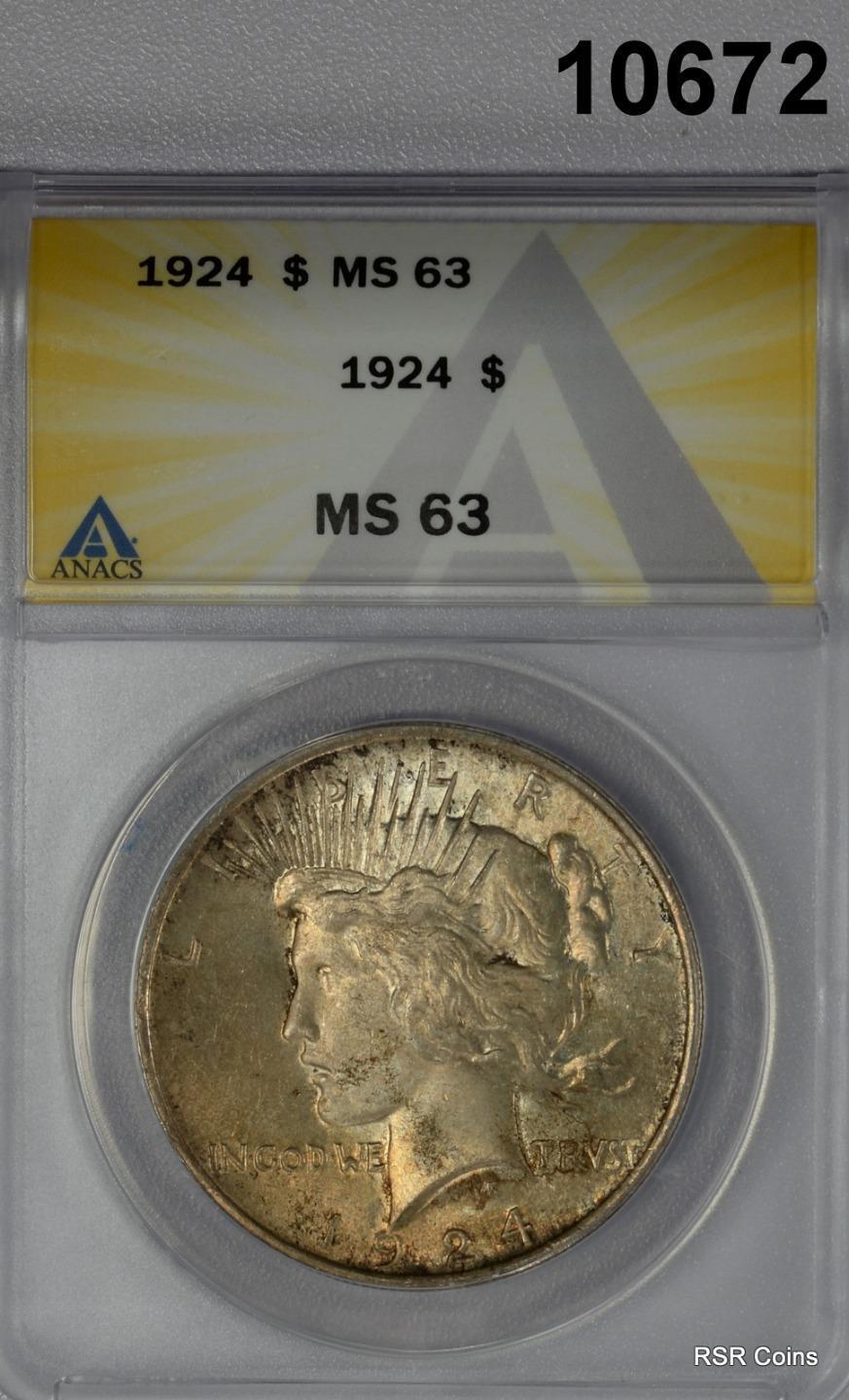 1924 PEACE SILVER DOLLAR ANACS CERTIFIED MS63 GOLDEN! #10672