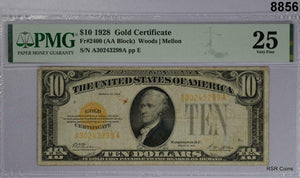 1928 $10 GOLD CERTIFICATE FR#2400 WOODS- MELLON PMG CERTIFIED VF25 #8856