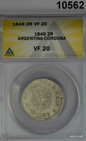 1846 2 REALES ARGENTINA CORDOBA ANACS CERTIFIED VF20! #10562