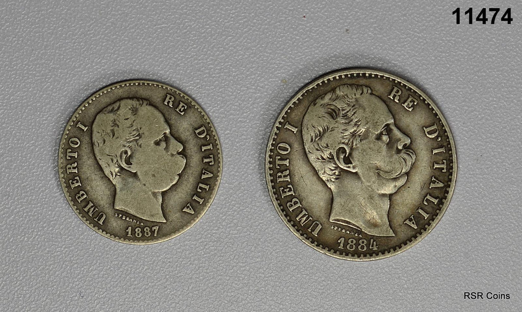 ITALY 1887 1 LIRA 1884 2 LIRA HIGH GRADE #11474