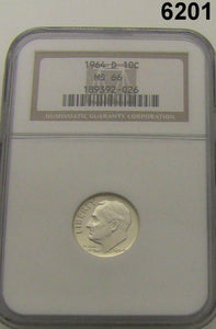 1964 D ROOSEVELT DIME 90% SILVER NGC CERTIFIED MS66 FLASHY WHITE! #6201