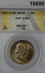 1957 D FRANKLIN HALF DOLLAR ANACS CERTIFIED MS66 FBL RAINBOW COLORS! WOW! #10690