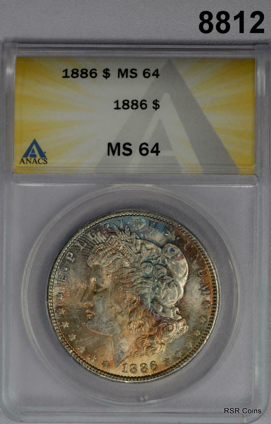 1886 MORGAN SILVER DOLLAR ANACS CERTIFIED MS64 BLUE ORANGE OBVERSE COLORS! #8812