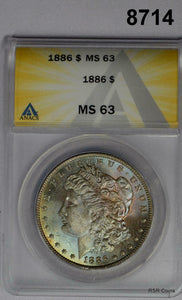1886 MORGAN SILVER DOLLAR ANACS CERTIFIED MS63 AMBER BLUE GOLD OBVERSE #8714