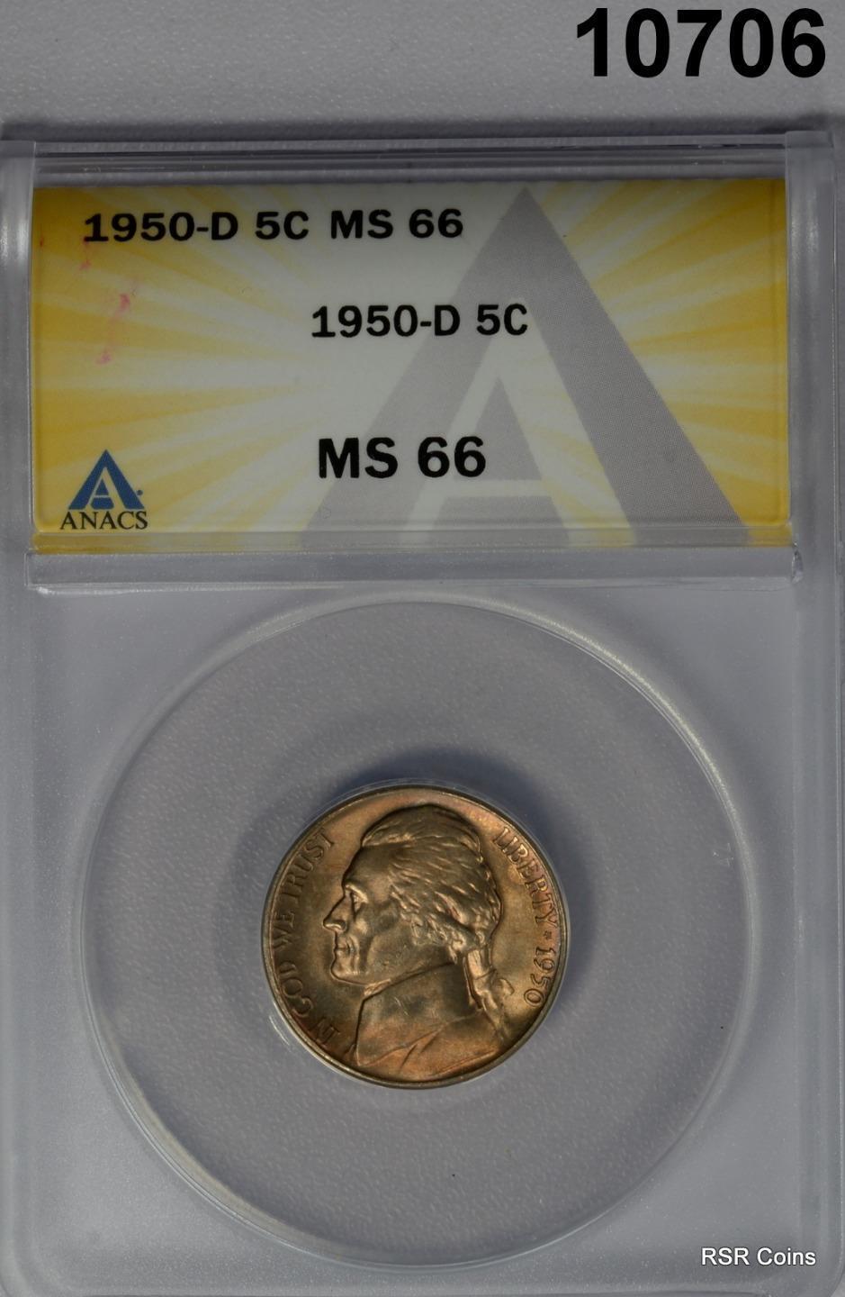 1950 D JEFFERSON NICKEL ANACS CERTIFIED MS66 GOLDEN TONING BOTH SIDES!  #10706