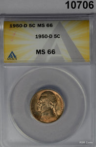 1950 D JEFFERSON NICKEL ANACS CERTIFIED MS66 GOLDEN TONING BOTH SIDES!  #10706