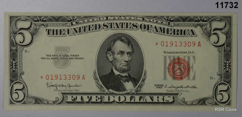 1963 $5 U.S. NOTE CU RED SEAL STAR * NOTE! #11732