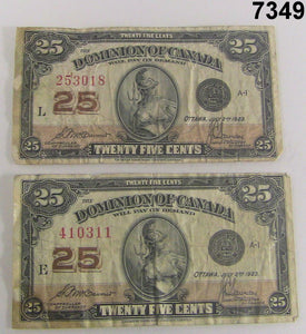 1923 DOMINION OF CANADA 25 CENT SHINPLASTER 2 NOTES SOME STAINS #7349