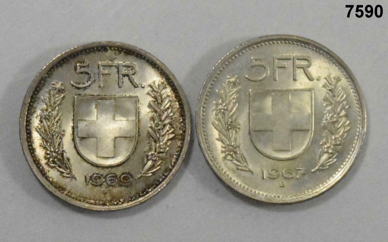 SWISS 1967 & 1969 2 COIN 5 FRANC SET BOTH BU!! #7590