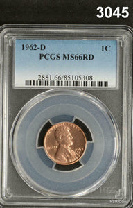 1962 D PCGS CERTIFIED MS 66 RD LINCOLN WHEAT PENNY! FLASHY LUSTER #3045