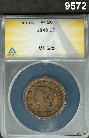 1848 BRAIDED HAIR LARGE CENT ANACS CERTIFIED VF25 ORIGINAL!! #9572
